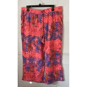 D&Co Beach Womens Tropical Leaf Print Crop Pants Pink Purple Linen Blend Large